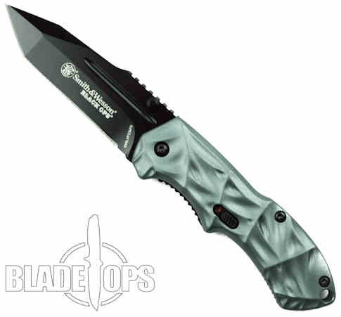 Smith & Wesson Small Black Ops Spring Assist Knife, Blue Handle,  Black Tanto Blade