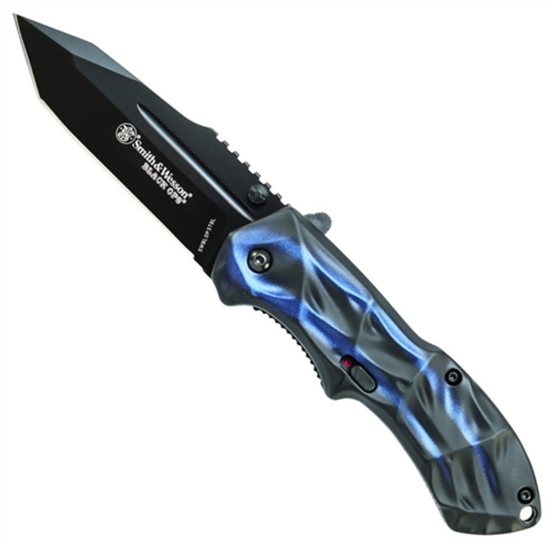 Smith & Wesson Black Ops Spring Assist Knife, Blue Handle, Tanto Black Plain Blade, BLOP3TBL