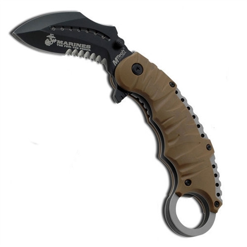 MTech 5" US Marine Folding Assist Knife, Desert,  Black Combo Blade