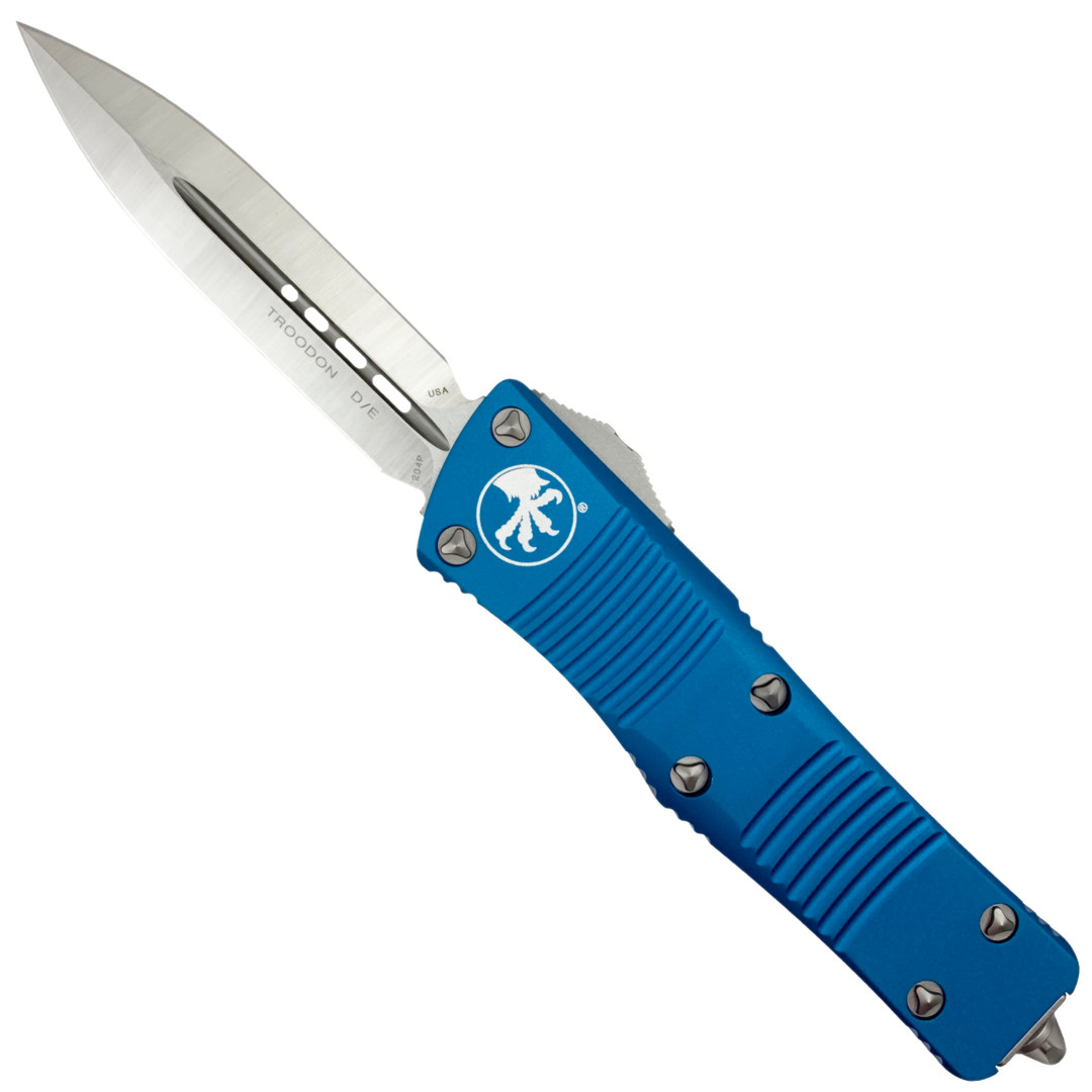 Microtech Blue Troodon Double Edge OTF Knife , Satin Dual Standard Edges, 138-4BL