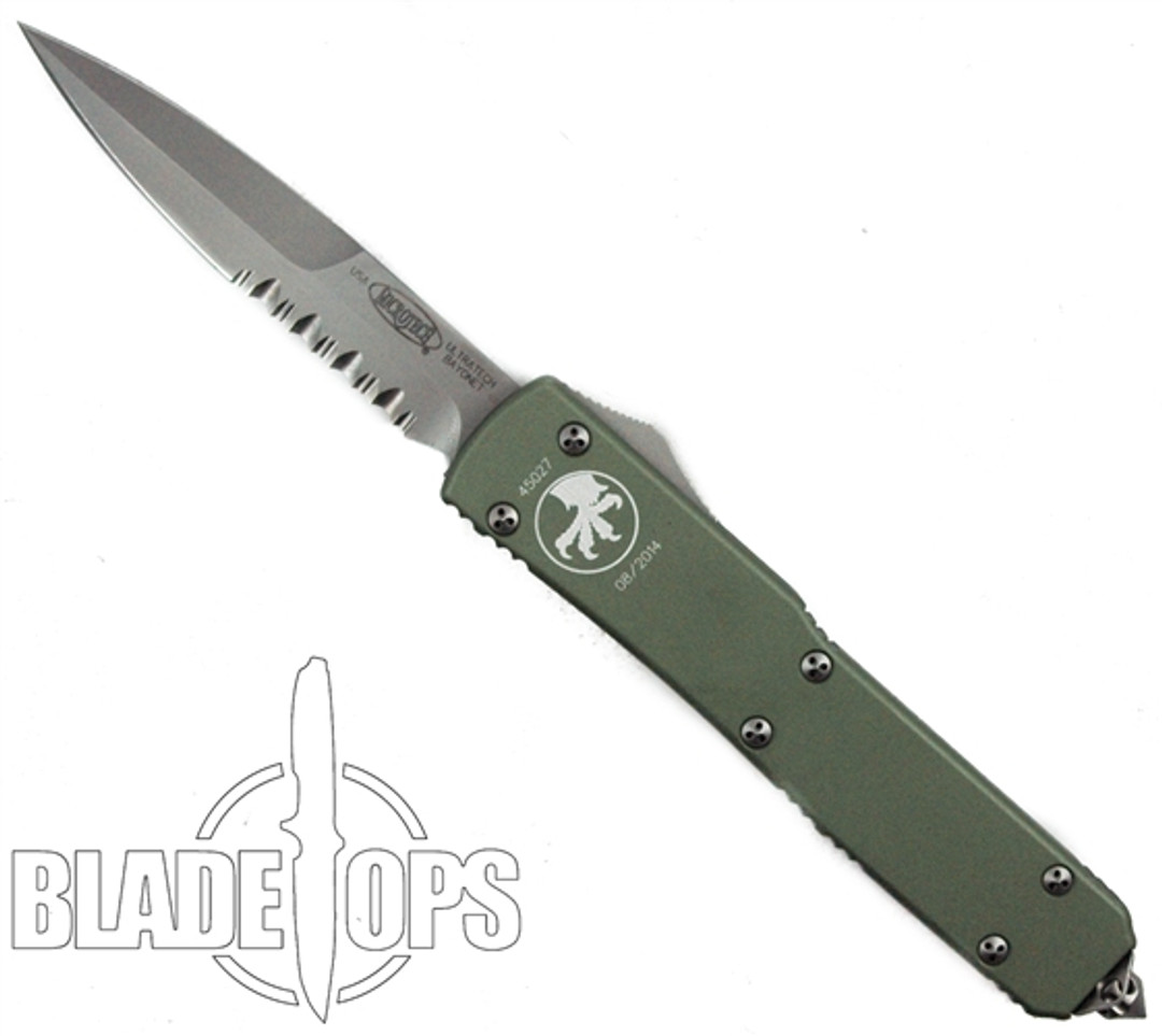 Microtech Olive Drab Ultratech OTF Knife, Bead Blast Combo Bayonet Blade