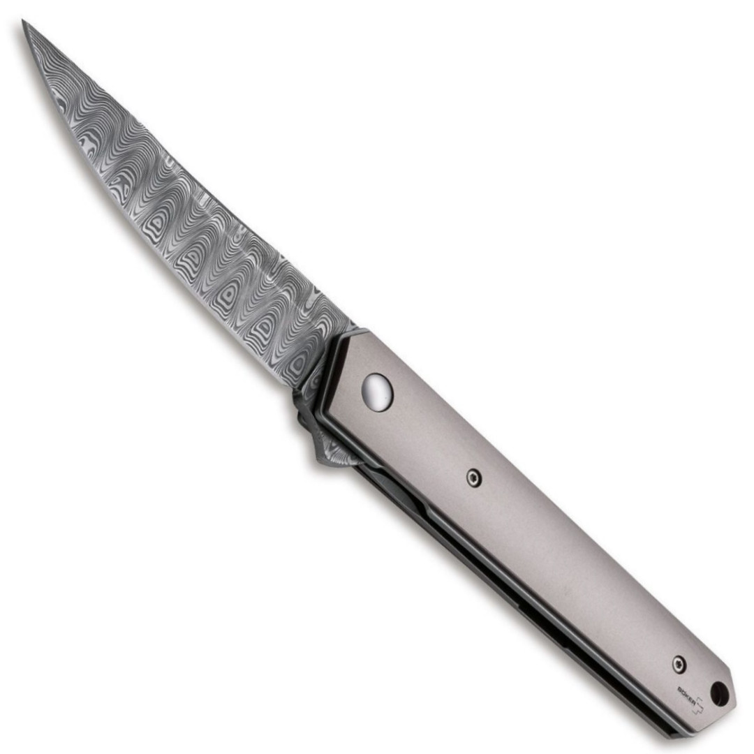 Boker Plus Titanium Kwaiken Flipper Knife, Damascus Blade