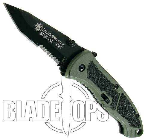 Smith & Wesson Special Ops Small Assisted Knife, Tanto Combo Blade, Green Handle