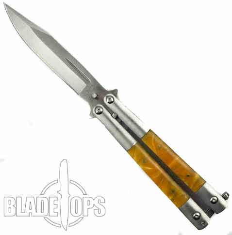 Transformer Butterfly Knife, Yellow Pearlex Handle, Satin Blade