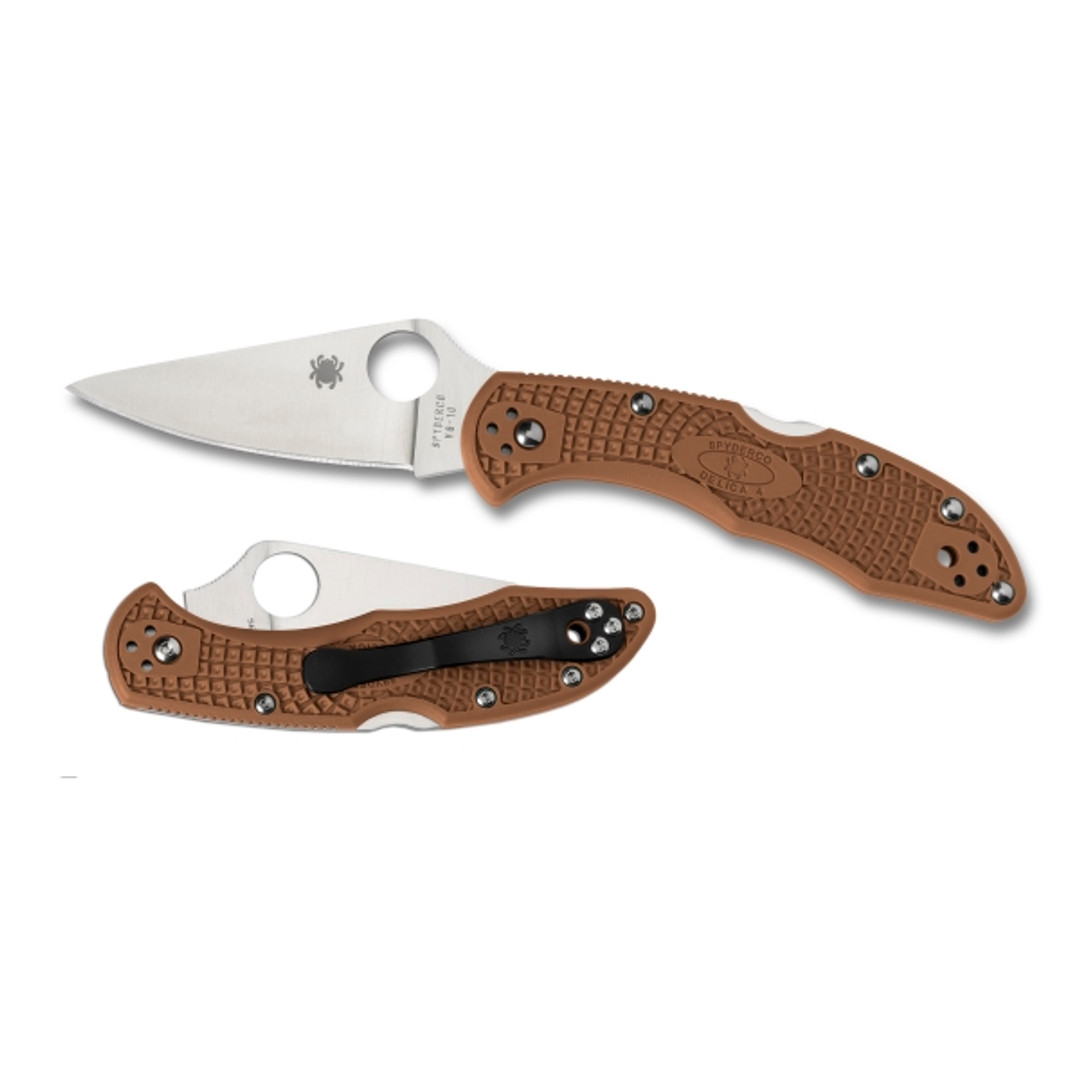 Spyderco Brown Delica 4 Folder Knife, VG-10 Satin Blade REAR VIEW