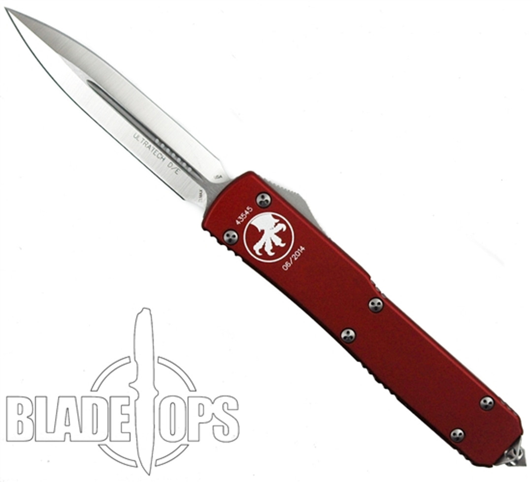 Microtech Red Ultratech OTF Knife, Satin Double Edge Plain Blade