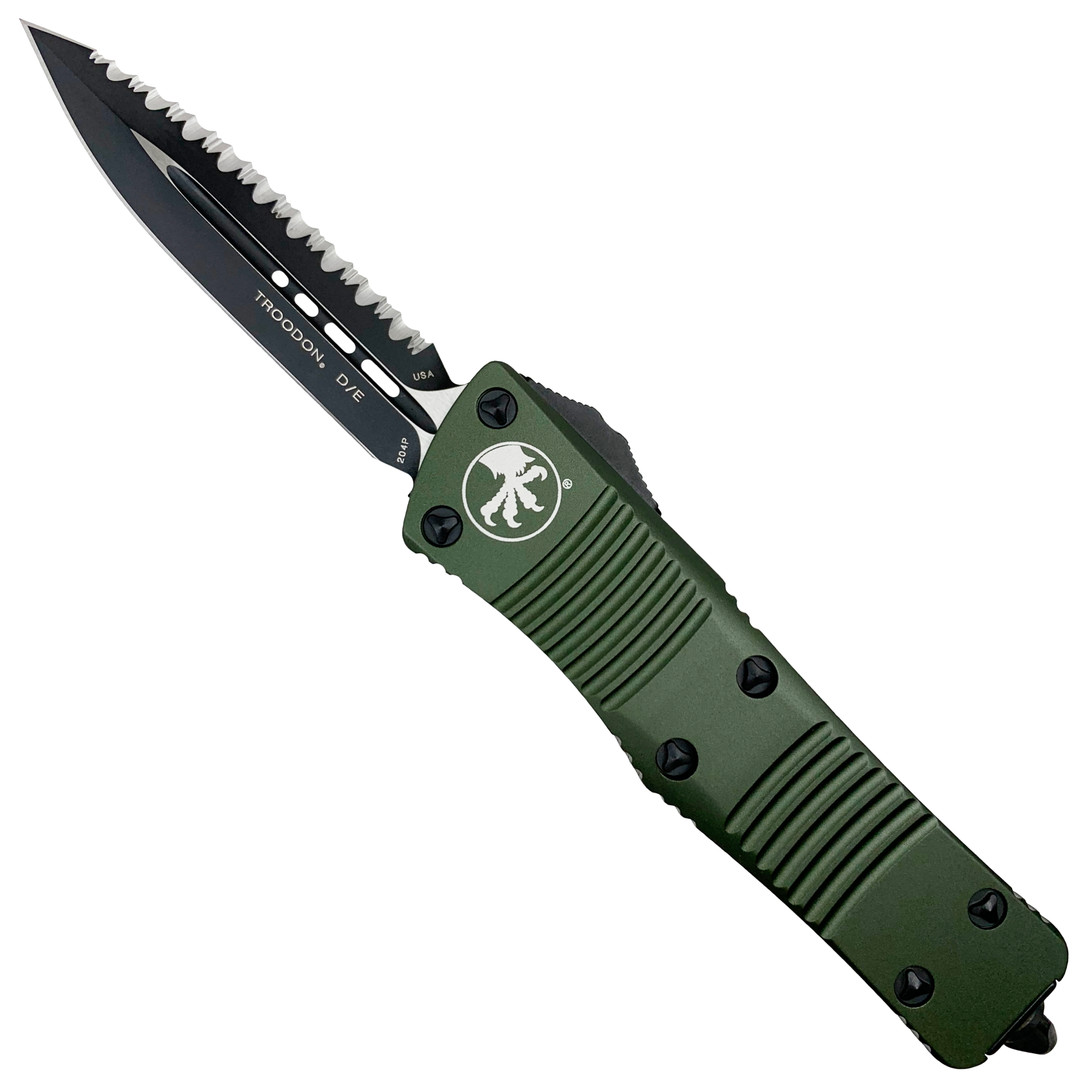 Microtech 138-3OD OD Green Troodon D/E OTF Auto Knife, Full Serrated Black Blade