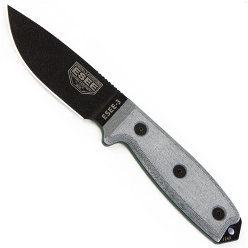 ESEE Knives ESEE-3P Grey Micarta Fixed Blade Knife, Coyote Brown Sheath, 1095 Carbon Blade Blade