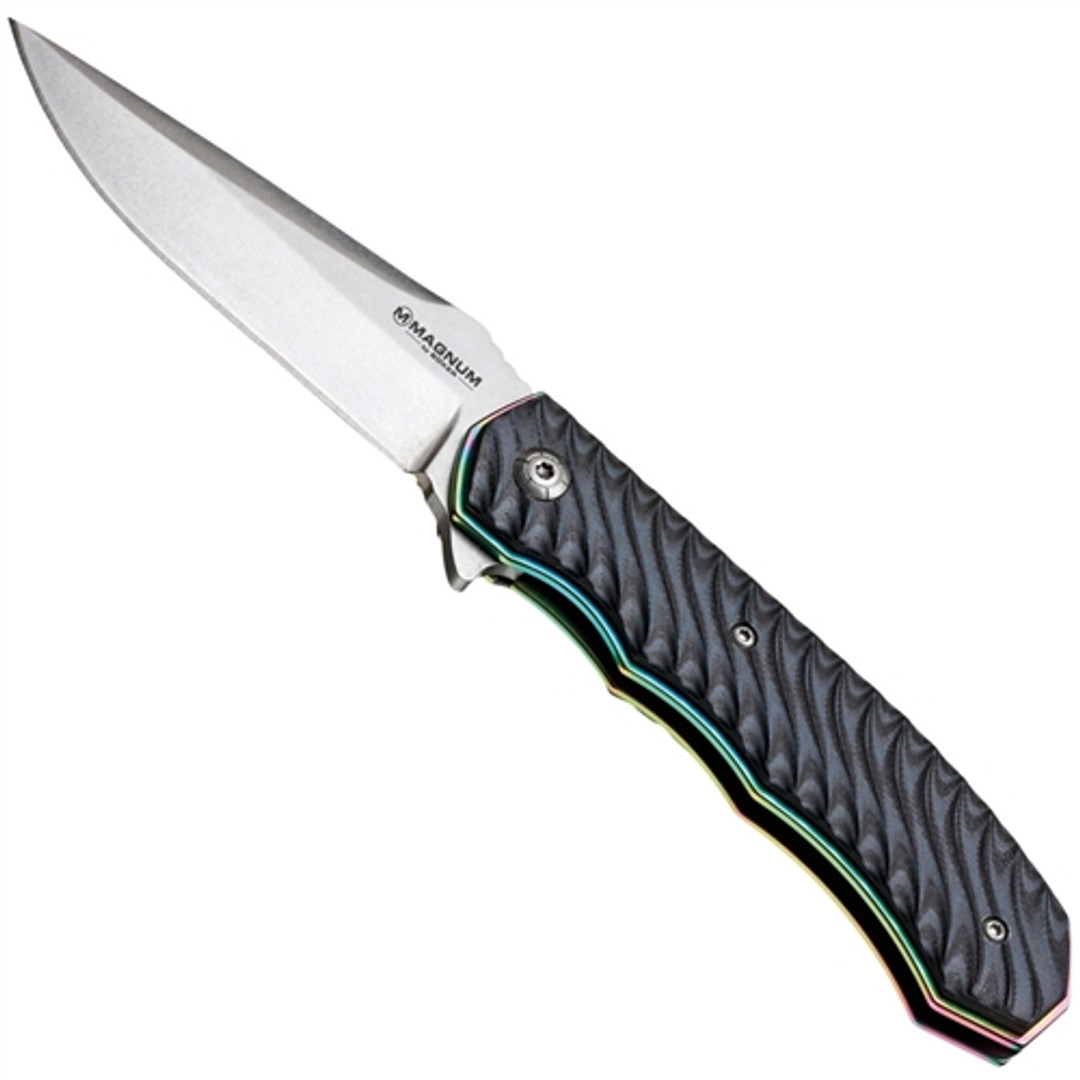 Boker Magnum 01SC107 Blue/Black Rainbow Flipper Knife, Satin Blade
