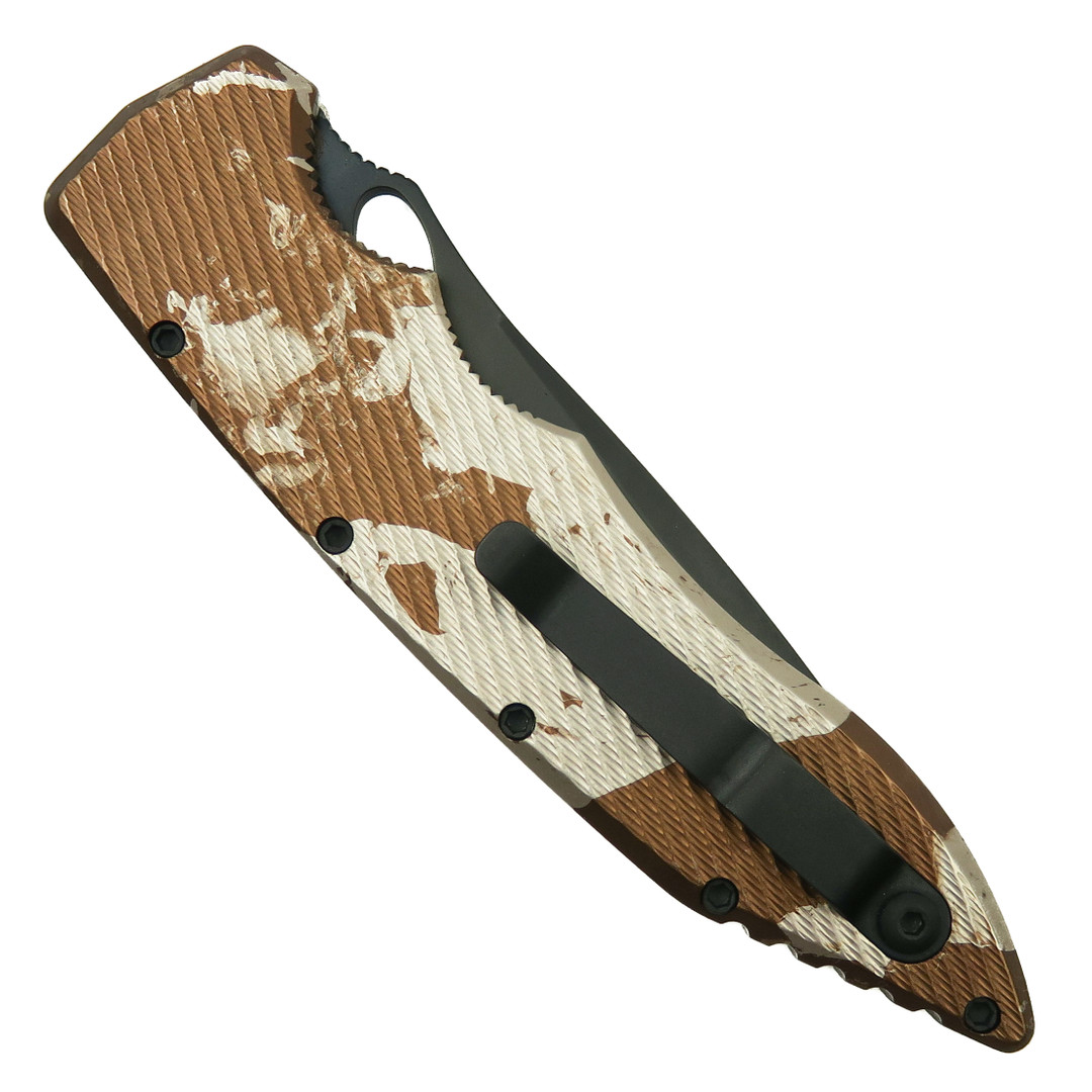 Piranha Desert Camo Predator Auto Knife, CPM-S30V Black Blade, Clip View