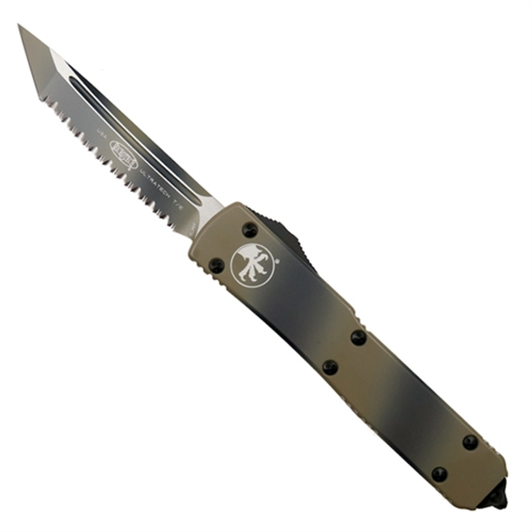 Microtech 123-3CCTC Tan Camo Contoured Ultratech T/E OTF Auto Knife, Full Serrated Tan Camo Blade