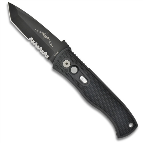 Pro-Tech Emerson Knurl Grip CQC7 E7T08 Tanto Auto Knife, 154CM Black Combo Blade