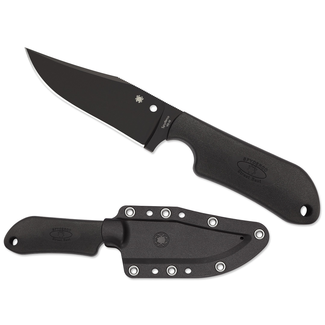 Spyderco Street Beat Knife, VG-10, Black Fixed Blade, FRN Handle SHEATH VIEW