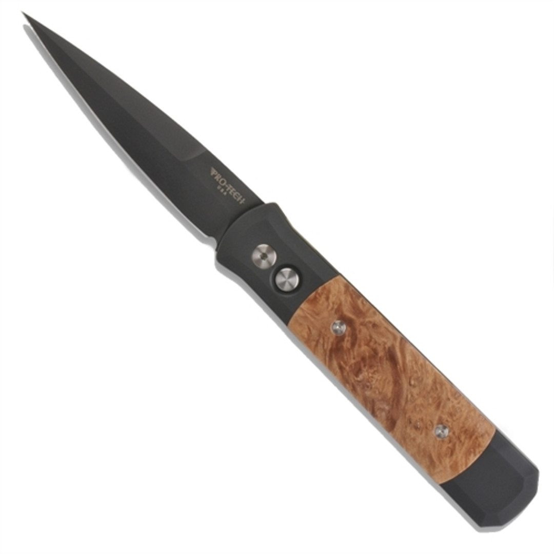 Pro-Tech 907 Godfather Auto Knife, Maple Burl, 154CM Black Blade