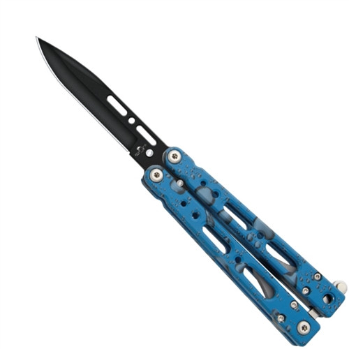 Bear OPS B-450-AlBD-B Blue Raindrop Bear Song IV Compact Balisong Butterfly Knife, 1095 Carbon Black Blade FRONT VIEW
