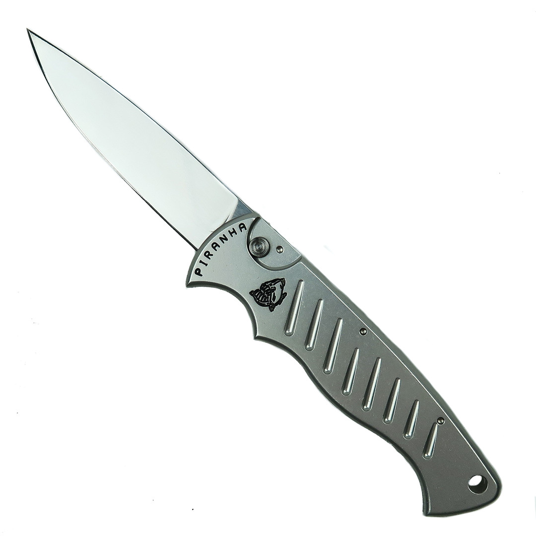 Piranha Silver Pocket Auto Knife, 154CM Mirror Blade