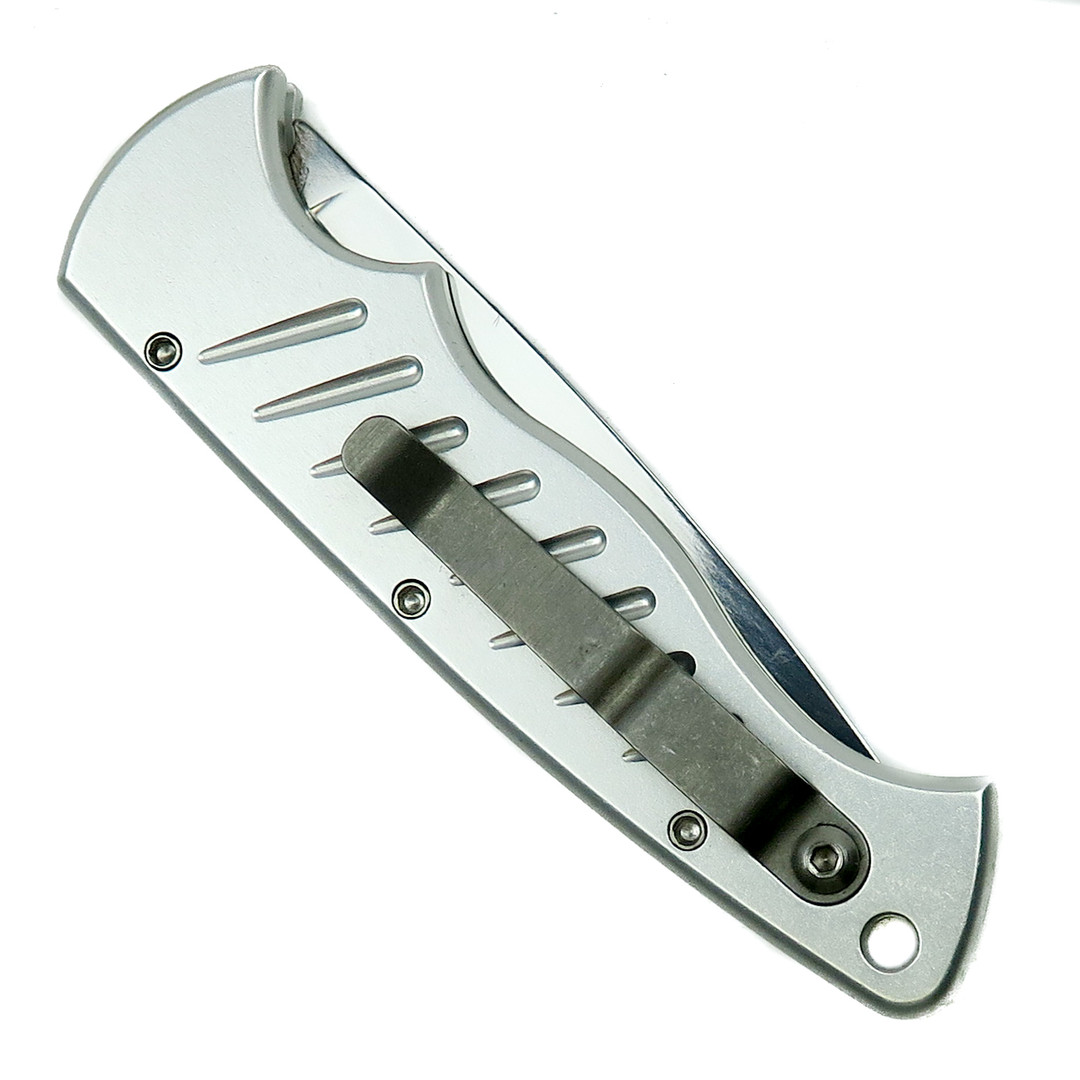 Piranha Silver Pocket Auto Knife, 154CM Mirror Blade Clip View