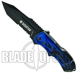 Smith & Wesson Black Ops Spring Assist Knife, Blue Handle, Tanto Black Part Ser Blade, BLOP3TBLS