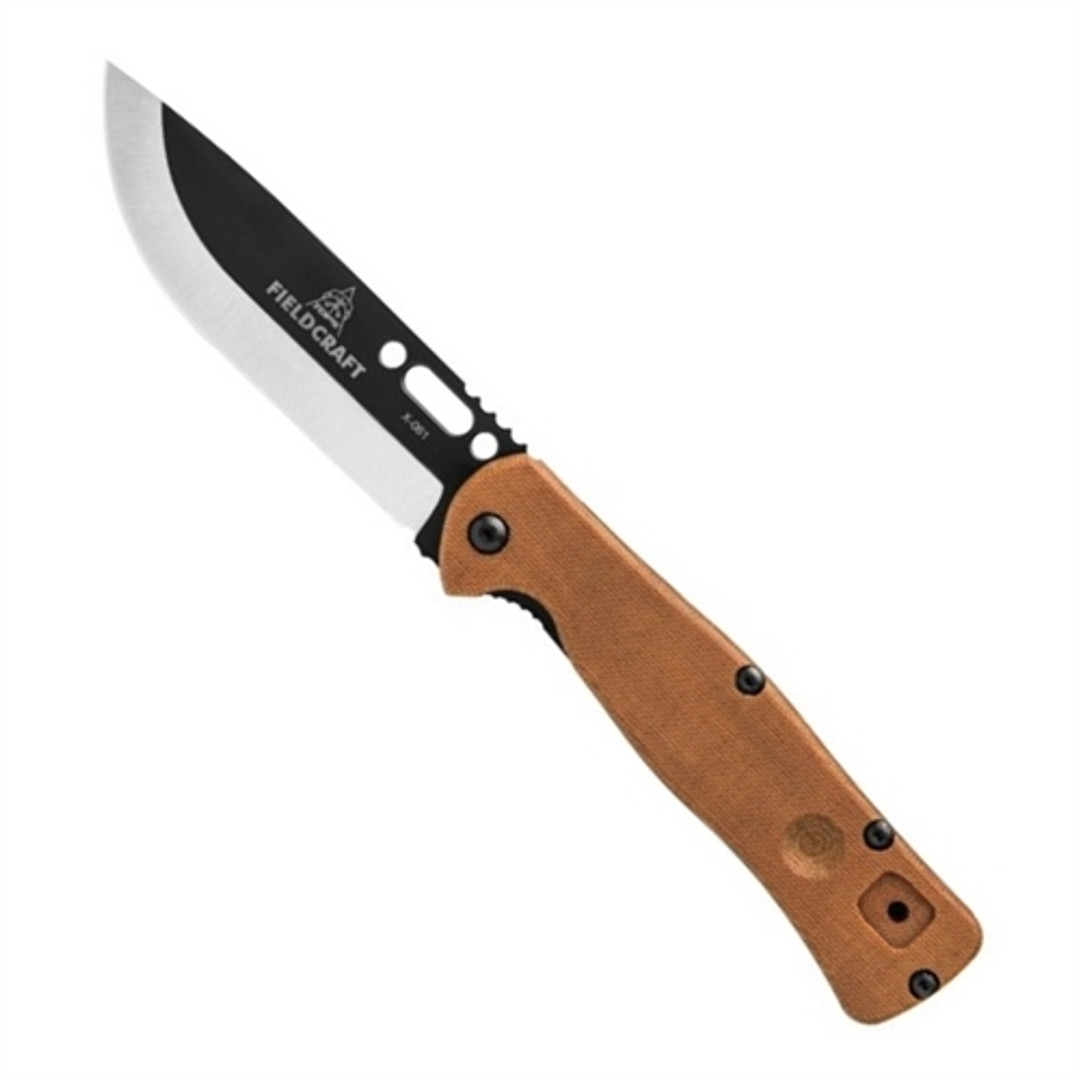 TOPS FCF-01 Fieldcraft Folder Micarta Knife, 1095 Carbon Black/Satin Blade