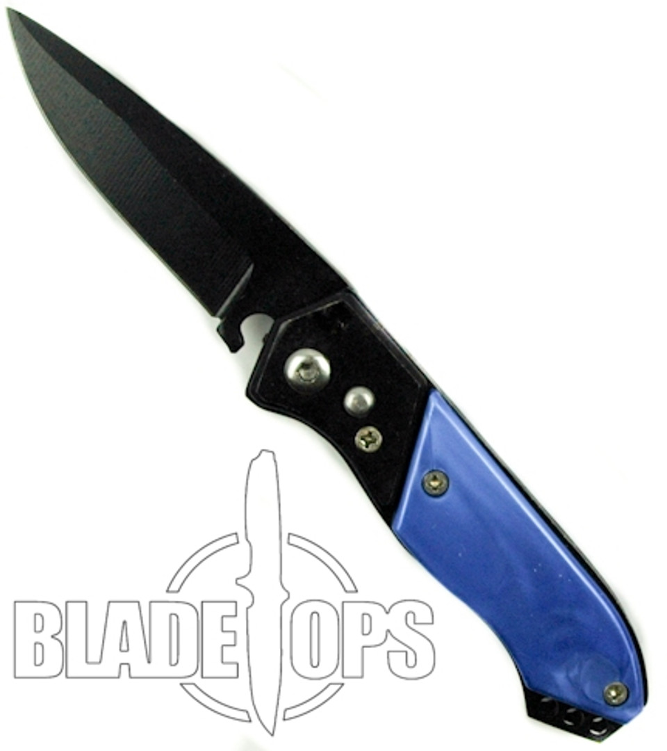 Discount Mini Automatic Knife, Blue Handle, Black Tactical