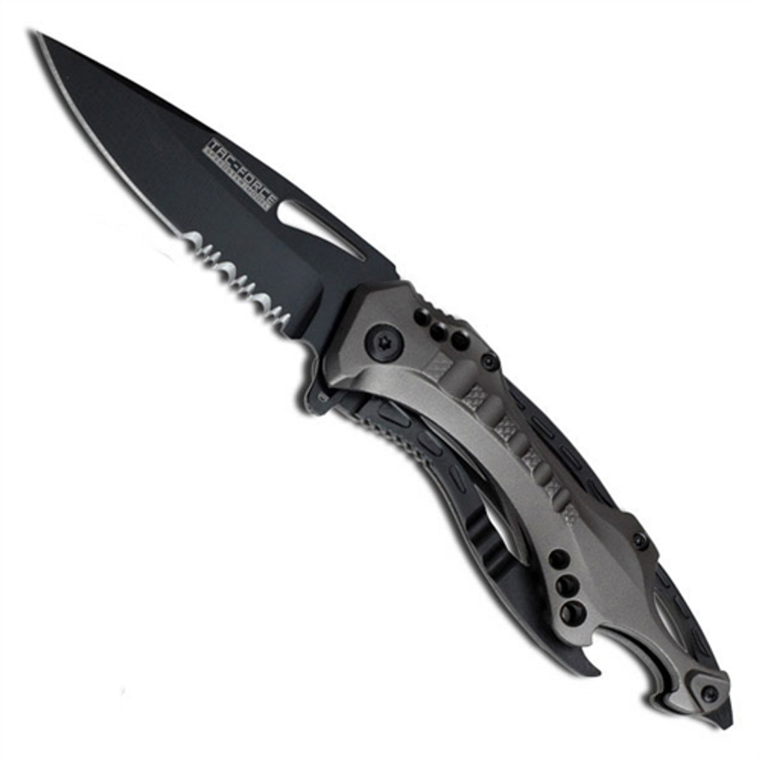 TAC-FORCE Grey Spring Assist Knife, Black Combo Blade, Bottle Opener