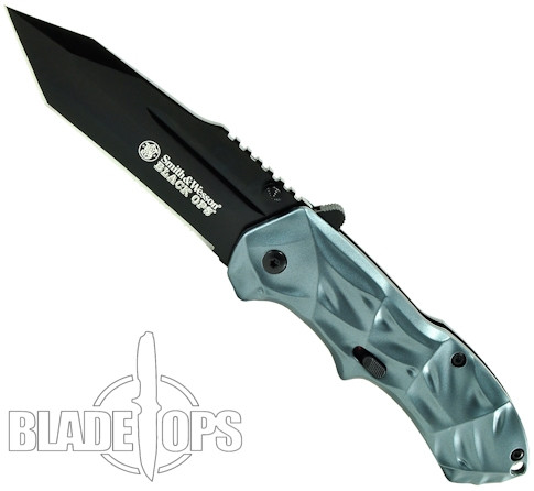 Smith & Wesson Black Ops Spring Assist Knife, Gunmetal Blue Handle, Tactical Black Tanto Point, SWBLOP3TB