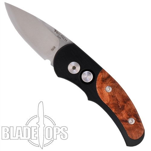 Pro-Tech Runt J4, Satin Plain Blade, Maple Burl Handle
