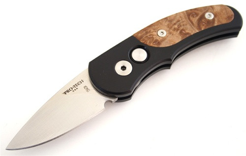 Pro-Tech Runt J4, Satin Plain Blade, Maple Burl Handle