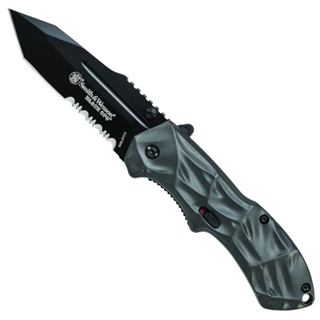 Smith & Wesson Black Ops Spring Assist Knife, Grey Handle, Tactical Black Tanto Point, P/S, SWBLOP3TS