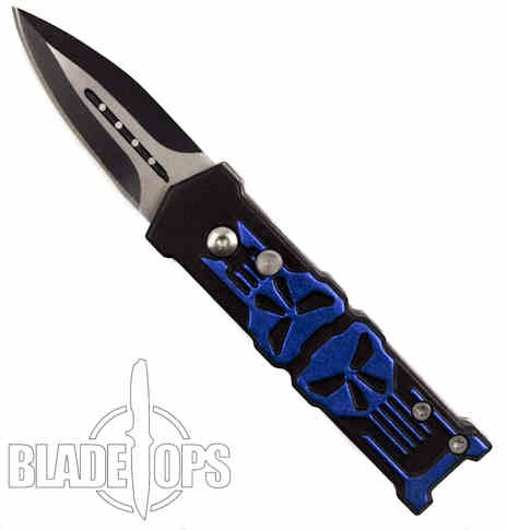 Punisher Mini Auto, Blue and Black Handle, Black Blade