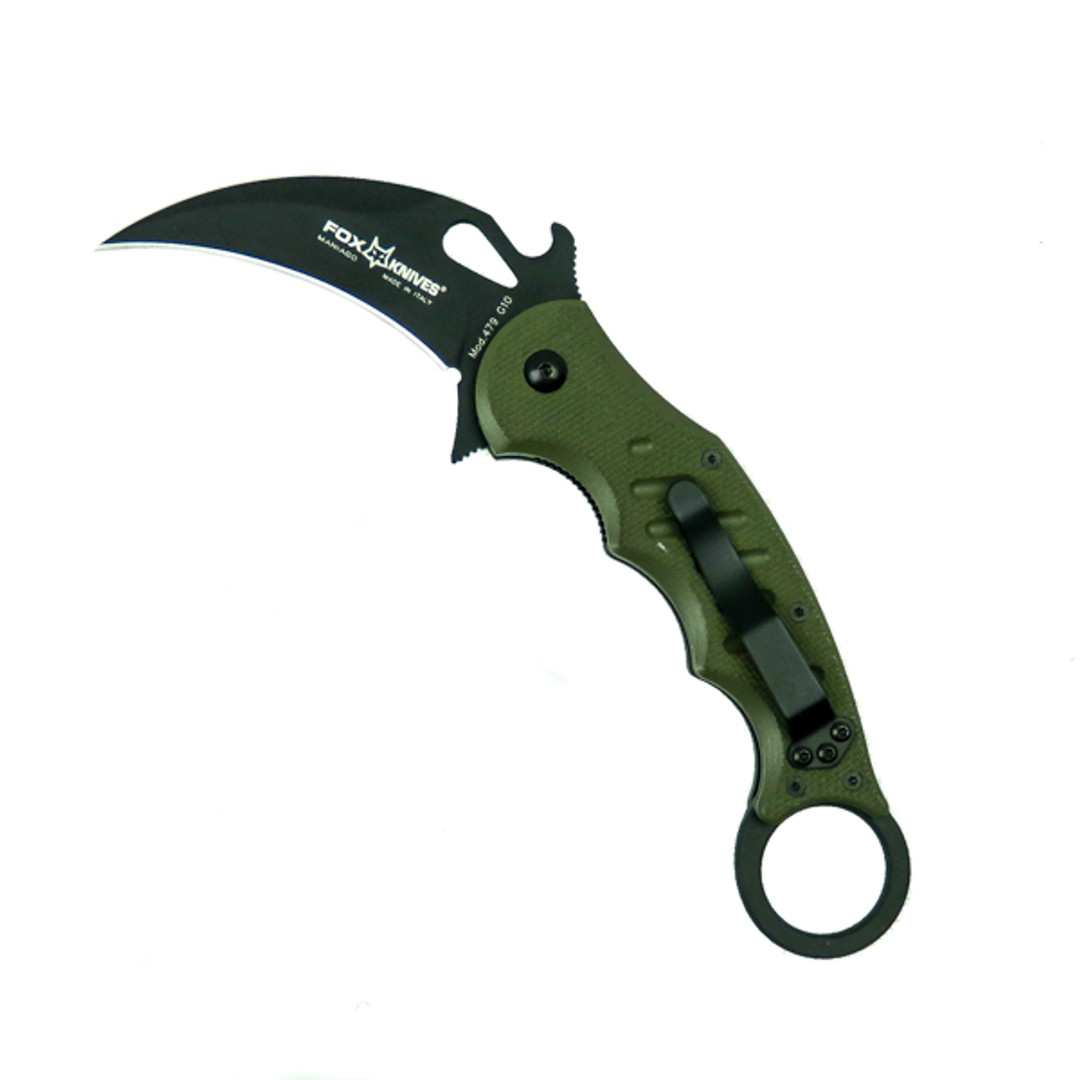 Fox Knives 01FX479OD OD Green Karambit Folder Knife, N680Co Black Blade