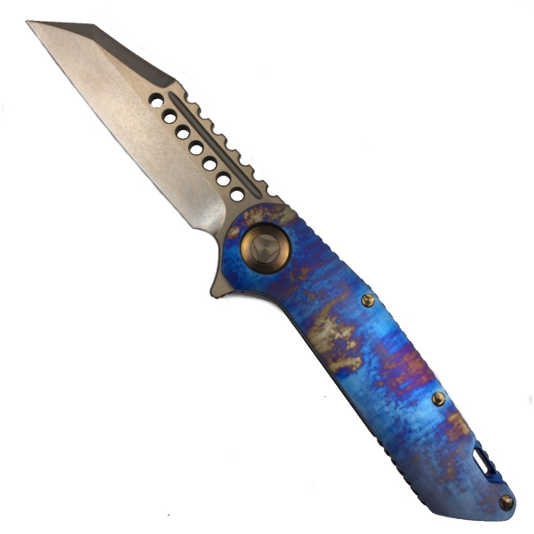 Marfione Custom Knives Blue Galactic Acid Warhound Titanium Flipper Knife, Bronzed Stonewash Blade