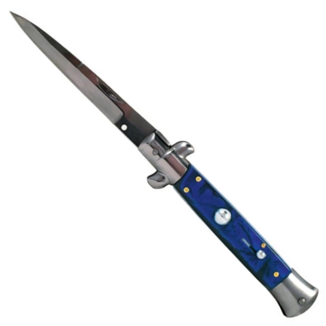 Godfather Blue Marble Italian Stiletto Auto Knife, Satin Blade