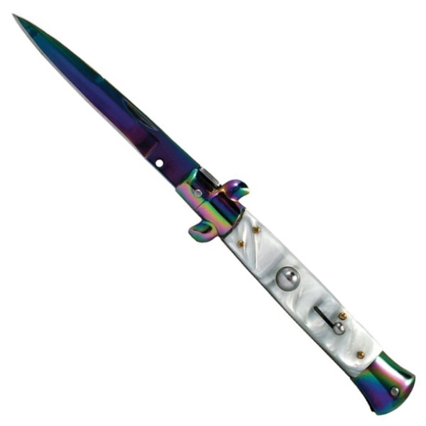 Godfather White Marble Italian Stiletto Auto Knife, Rainbow Blade