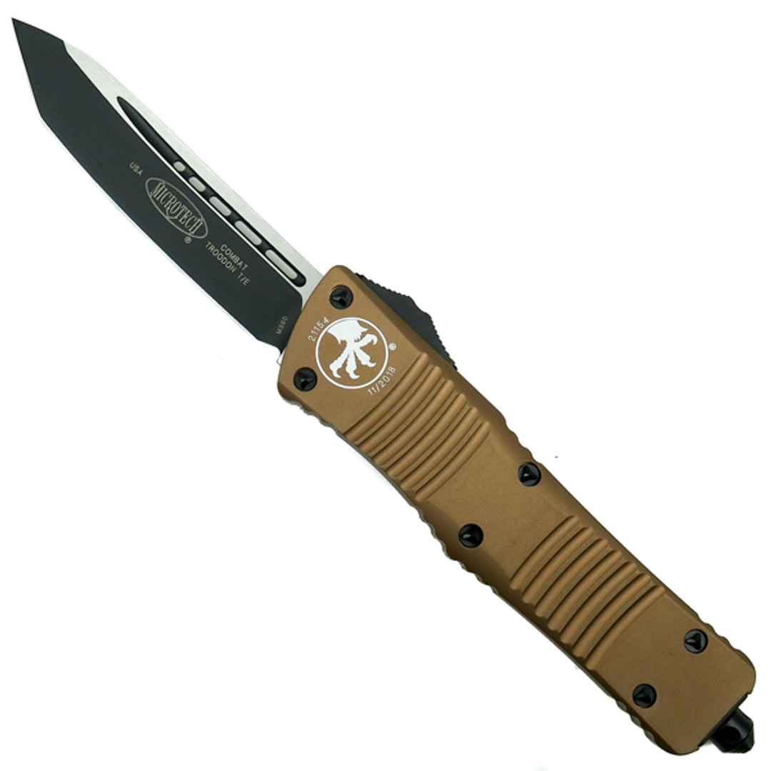 Microtech Tan Combat Troodon Tanto OTF Auto Knife, Black Blade