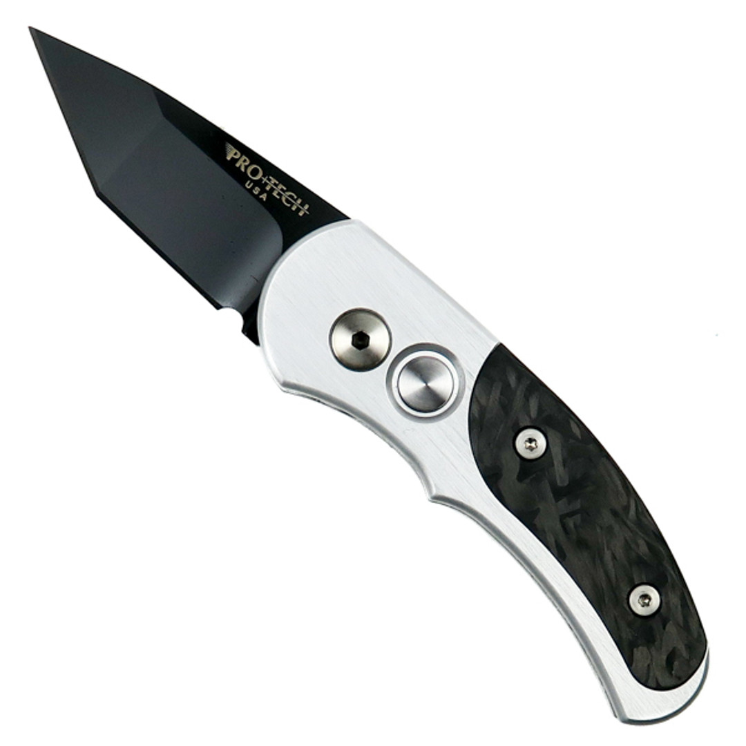 Pro-Tech Silver Runt J4 Tanto Auto Knife, Marbled Carbon Fiber, Black Blade