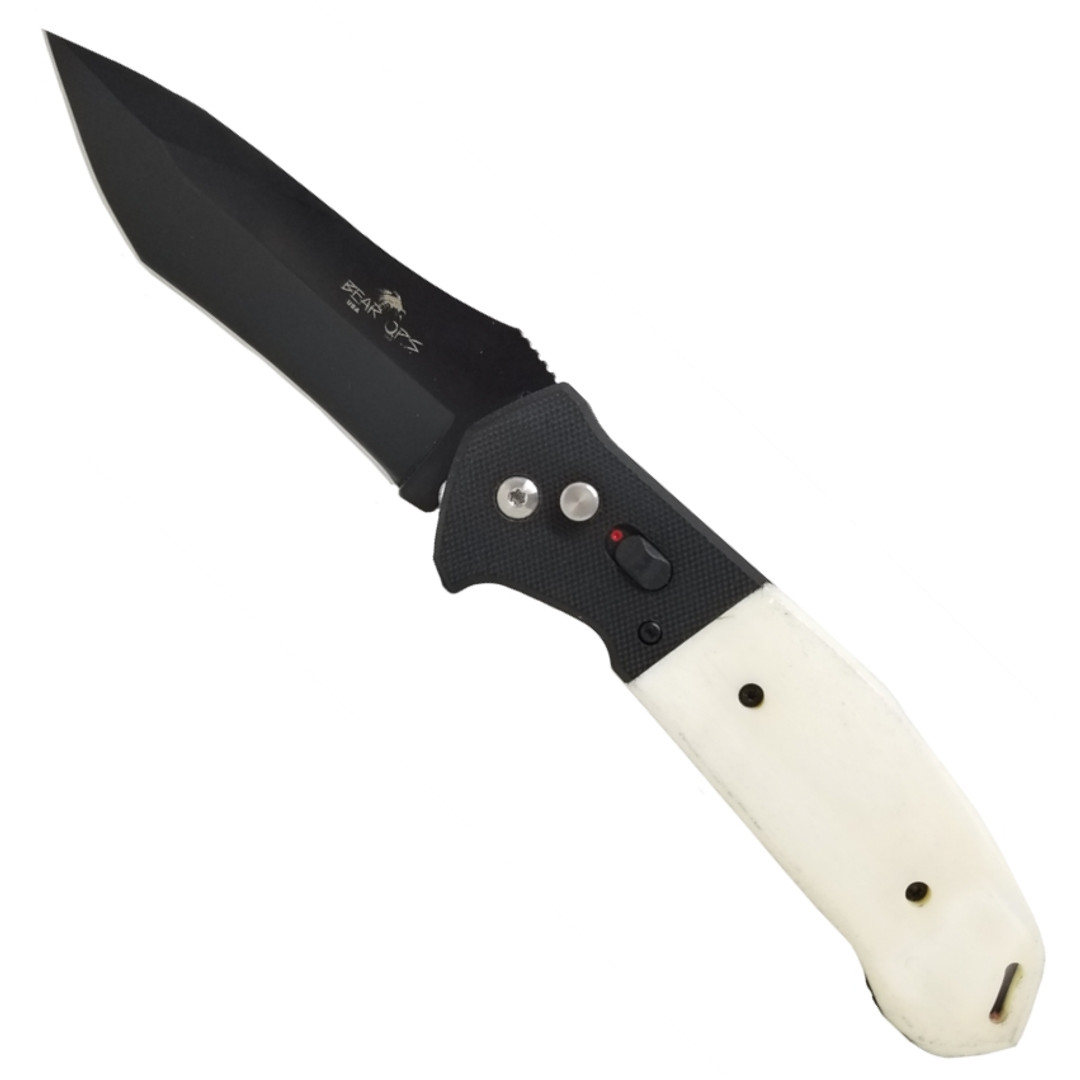 Bear OPS White Bone Bold Action V Tanto Auto Knife, Black Blade