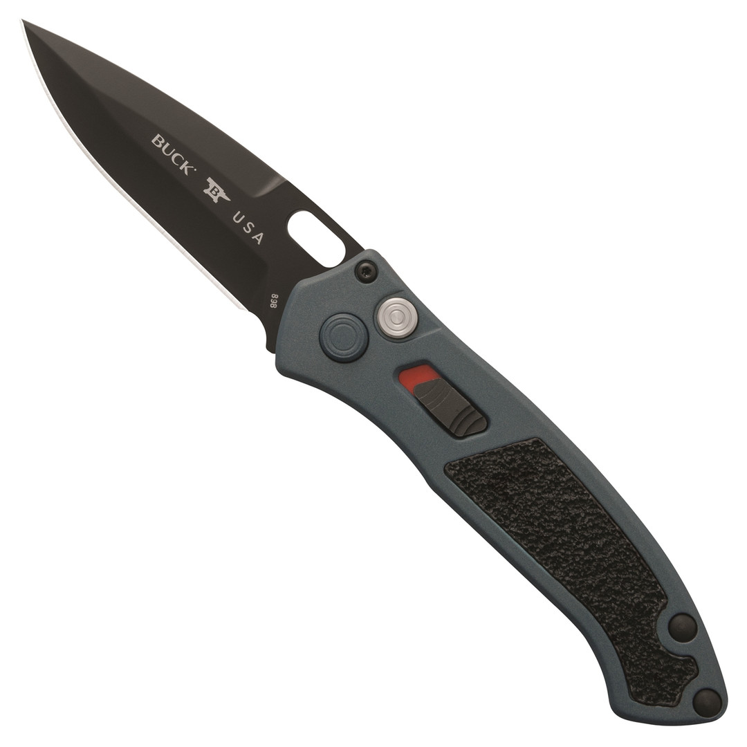 Buck Blue Titanium Impact Auto Knife, Black Blade  FRONT VIEW