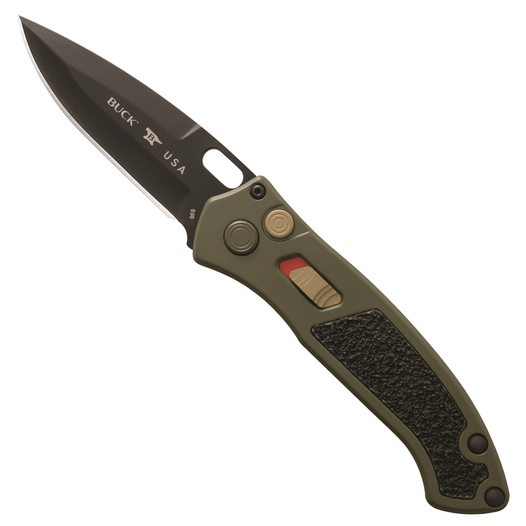 Buck OD Green Impact Auto Knife, Black Blade FRONT VIEW