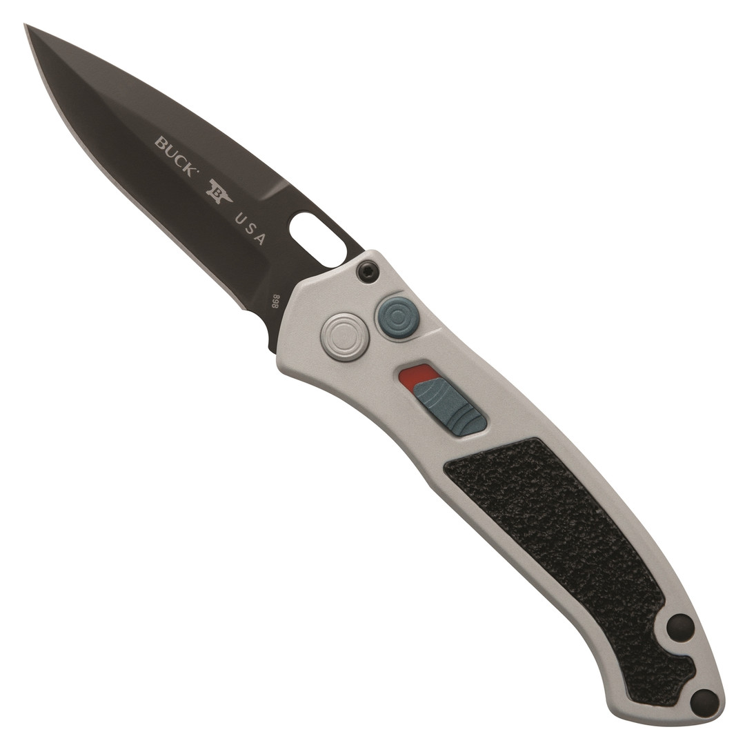 Buck Crushed Silver Impact Auto Knife, Black Blade FRONT VIEW