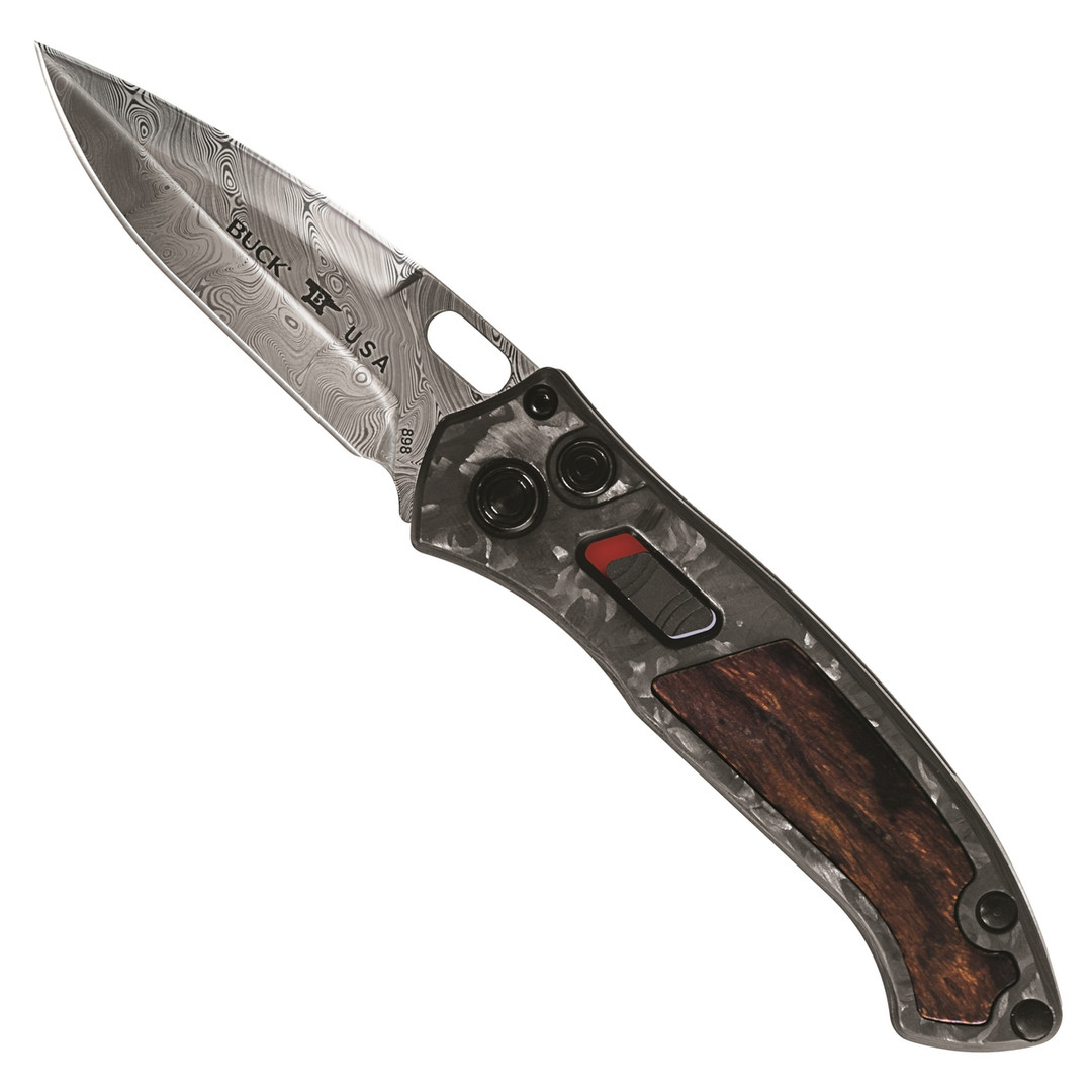 Buck Legacy Impact CF II Auto Knife, Damascus Blade FRONT VIEW