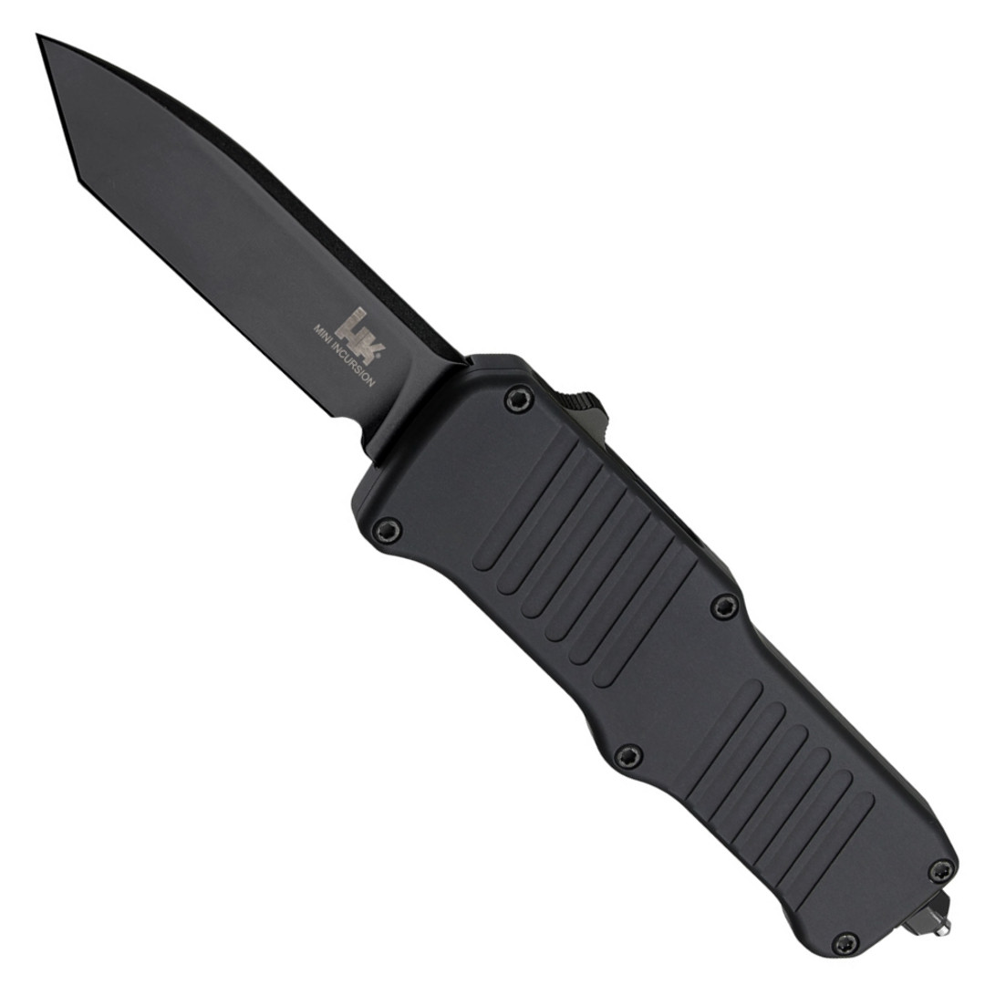 HK Mini Incursion Tanto OTF Auto Knife, Black Blade FRONT VIEW