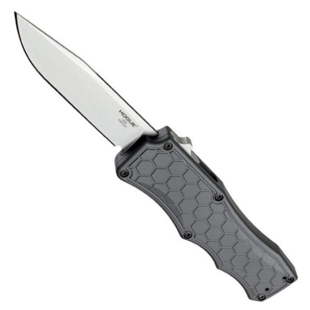 Hogue Knives Grey Exploit OTF Auto Knife, Tumbled Blade FRONT VIEW