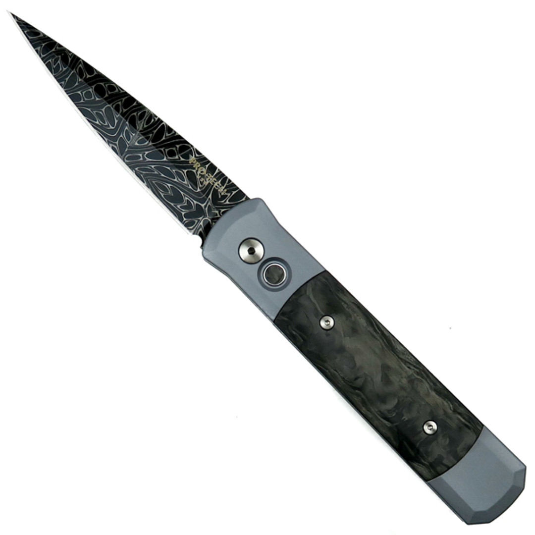 Pro-Tech Custom Grey Godfather Auto Knife, Marbled Carbon Fiber, Damascus Blade  Front View