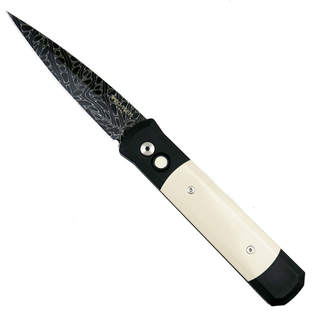 Pro-Tech Custom Tuxedo Godfather Auto Knife, Damascus Blade Front View