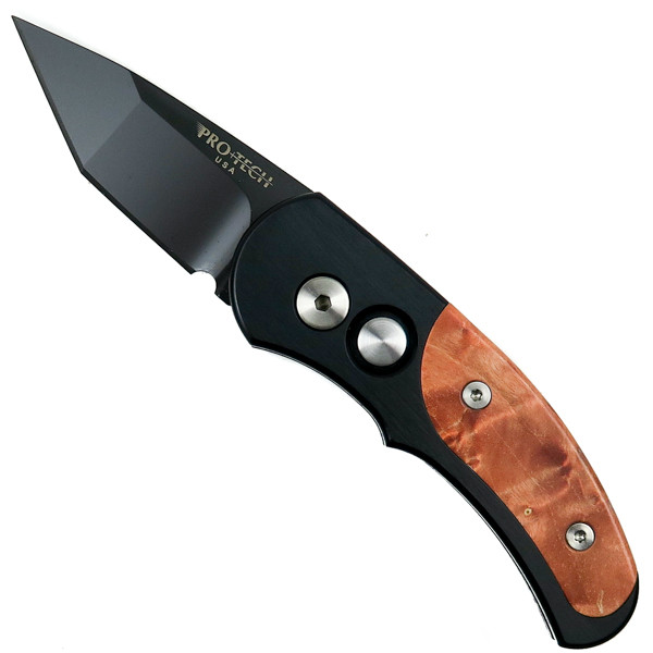 Pro-Tech Runt J4 Tanto Auto Knife, Dyed Box Elder Burl, Black Blade Front View