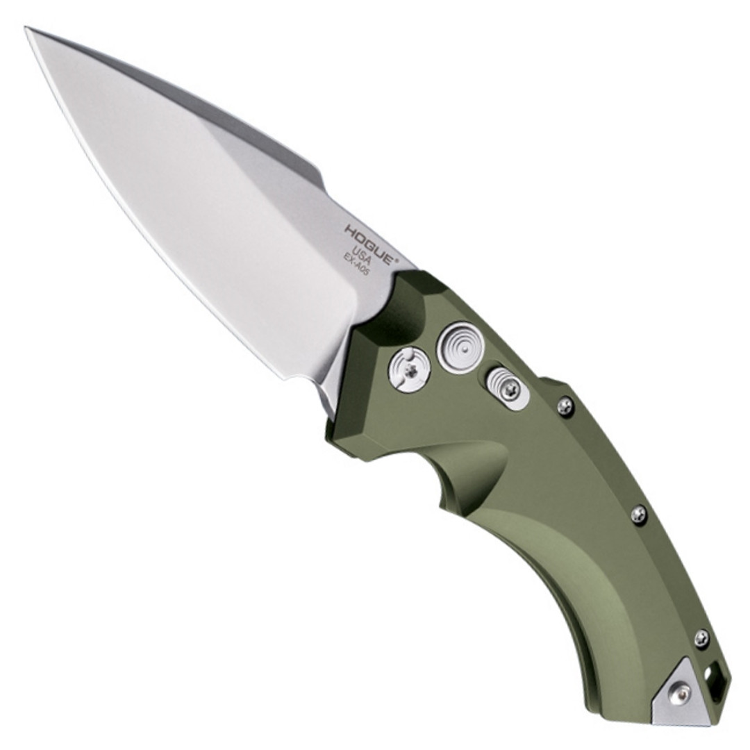 Hogue Knives OD Green EX-A05 4" Spear Point Auto Knife, Tumbled Blade FRONT VIEW