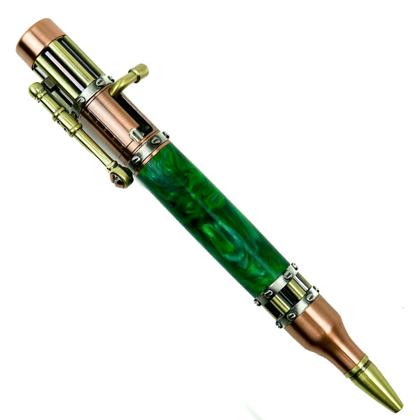 Loki Tool Green Swirl Steampunk Pen, Antique Copper Front View