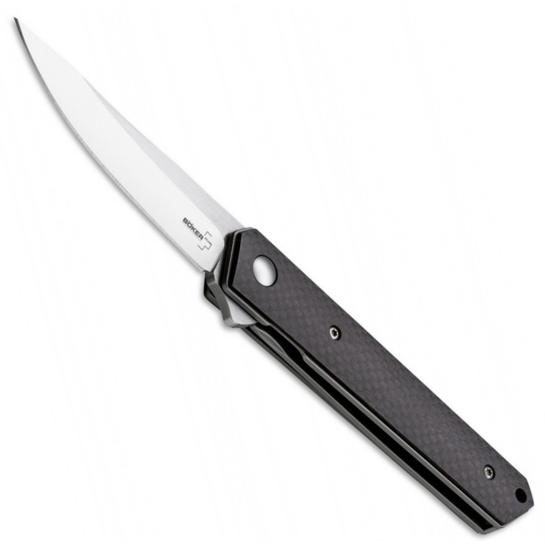 Boker Plus Mini Kwaiken Carbon Fiber Flipper Knife, VG-10 Blade FRONT VIEW