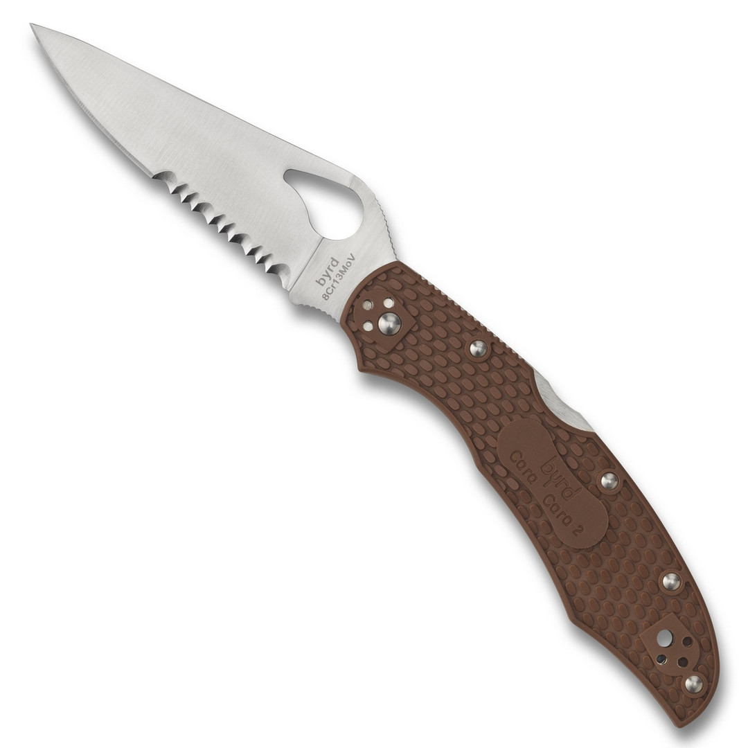 Byrd Brown Cara Cara 2 Folder Knife, Satin Combo Blade FRONT VIEW
